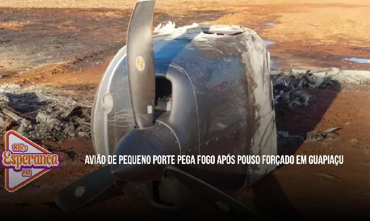 Avião de pequeno porte pega fogo após pouso forçado em Guapiaçu