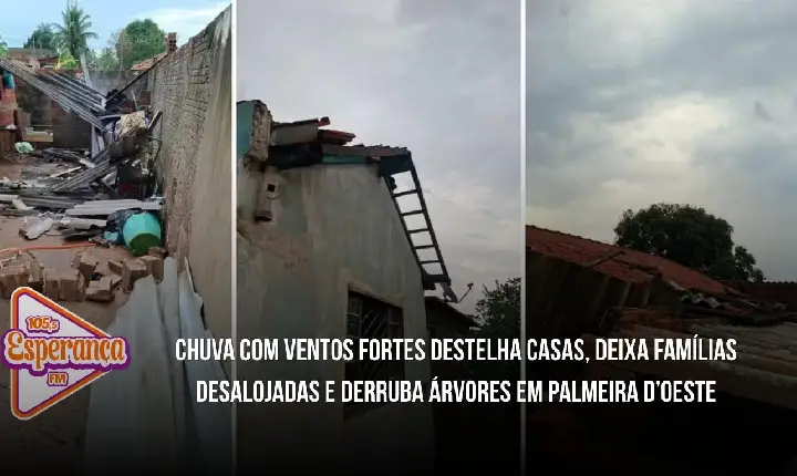 Chuva com ventos fortes destelha casas, deixa famílias desalojadas e derruba árvores em Palmeira d’Oeste