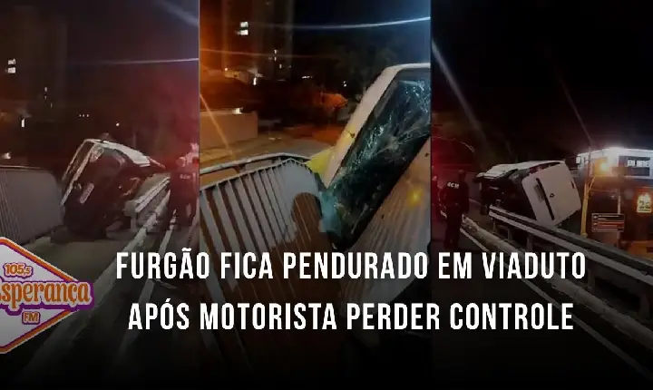 Furgão fica pendurado em viaduto após motorista perder controle