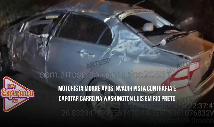 Motorista morre após invadir pista contrária e capotar carro na Washington Luís em Rio Preto