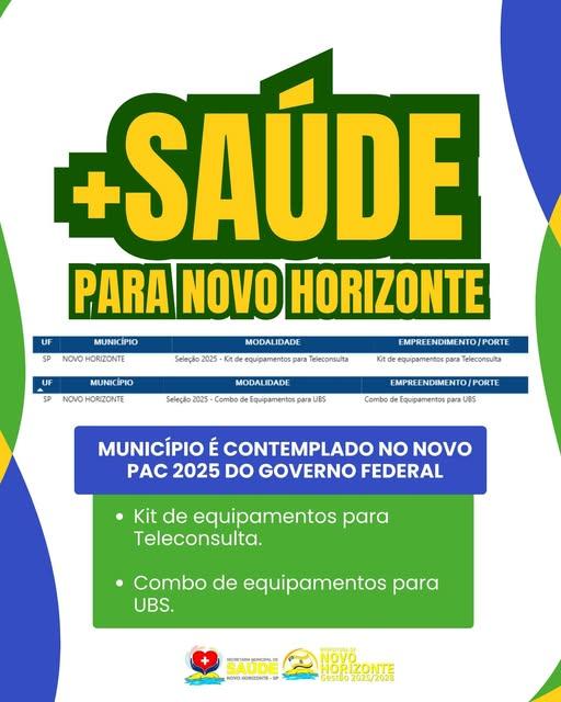 Novo Horizonte é contemplada com kits do Novo PAC Seleções para fortalecimento das UBSs