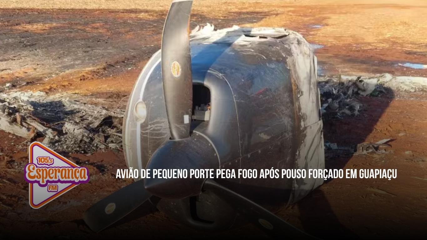 Avião de pequeno porte pega fogo após pouso forçado em Guapiaçu