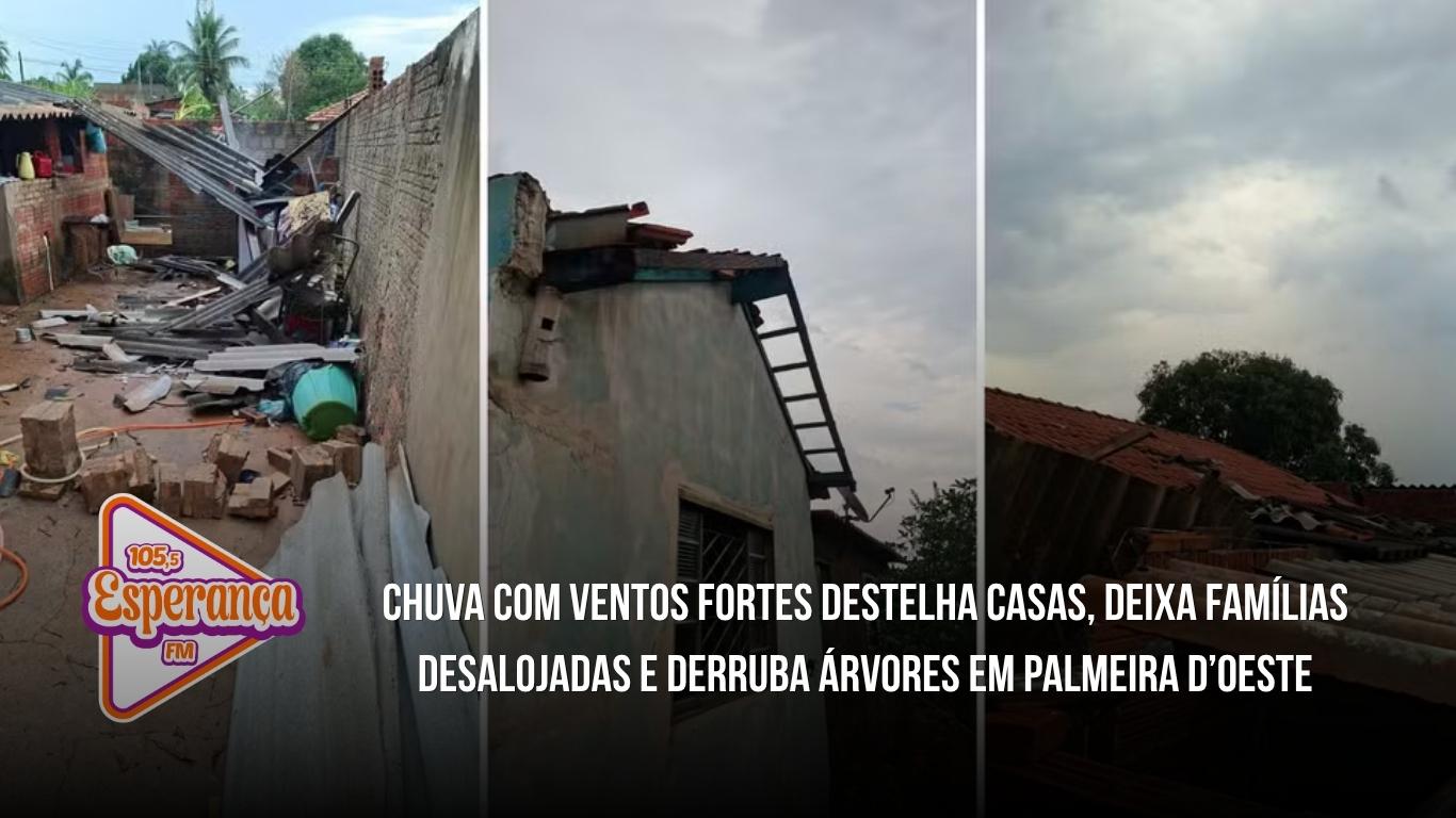 Chuva com ventos fortes destelha casas, deixa famílias desalojadas e derruba árvores em Palmeira d’Oeste